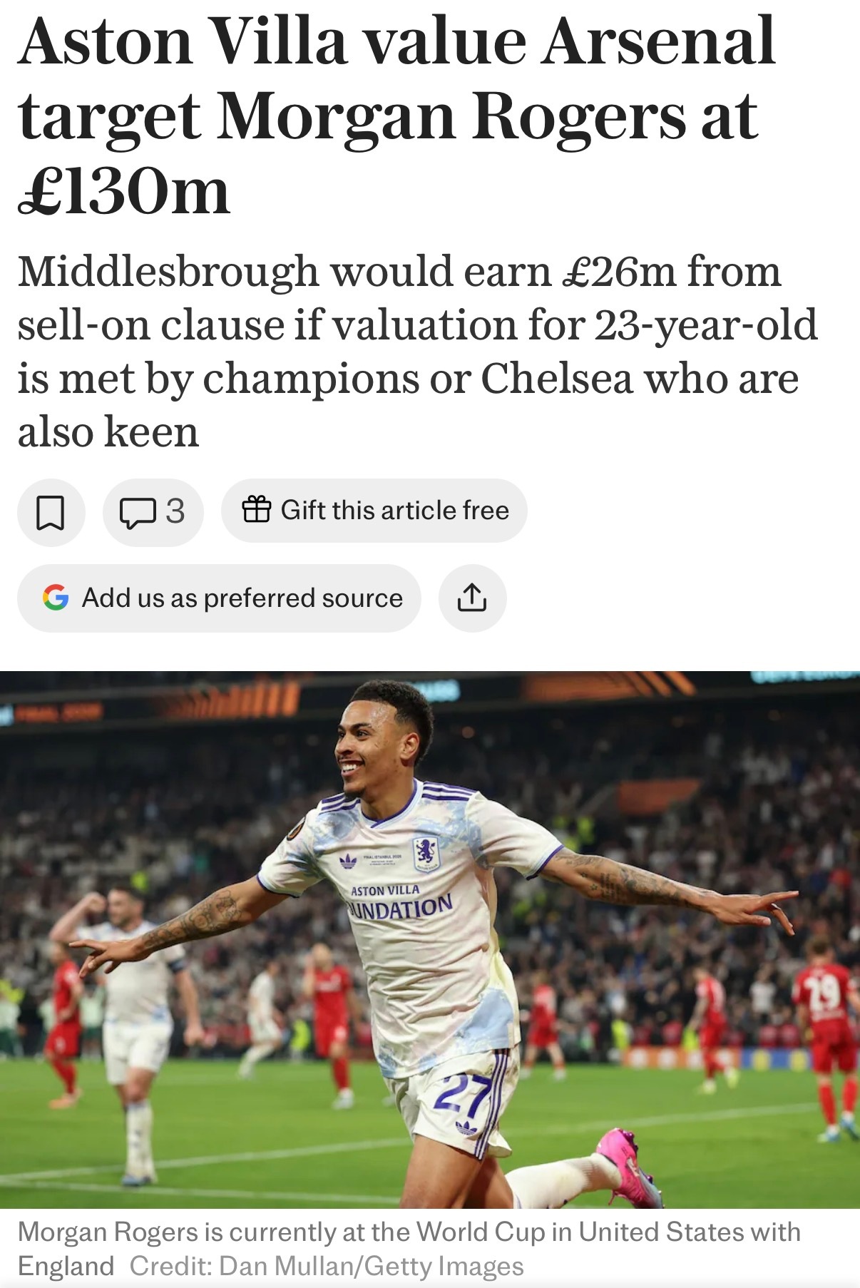 《电讯报》Matt Law：因为考虑到前东家米德尔斯堡还有20%的二转收益，维拉