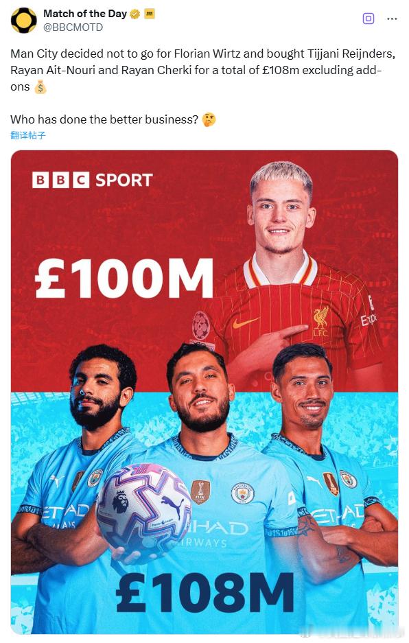 BBC提问：曼城决定不签下维尔茨，而是以总计1.08亿英镑（不含附加费用）的价格