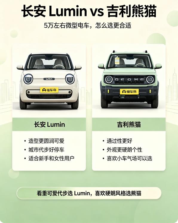 预算只有5万左右，Lumin和熊猫怎么选？
说实话这两台车在5万价位里兜兜转转，