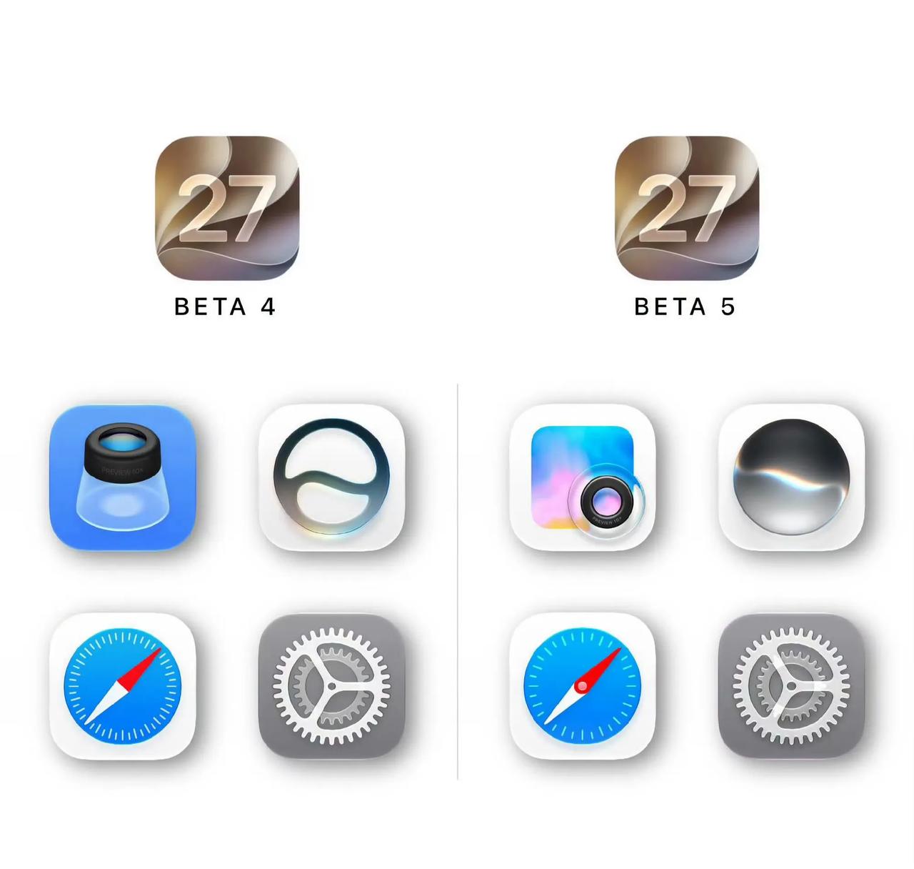 iOS27 Beta5更新重点更新来啦✨
液态玻璃视觉再优化，图标统一重做、透明