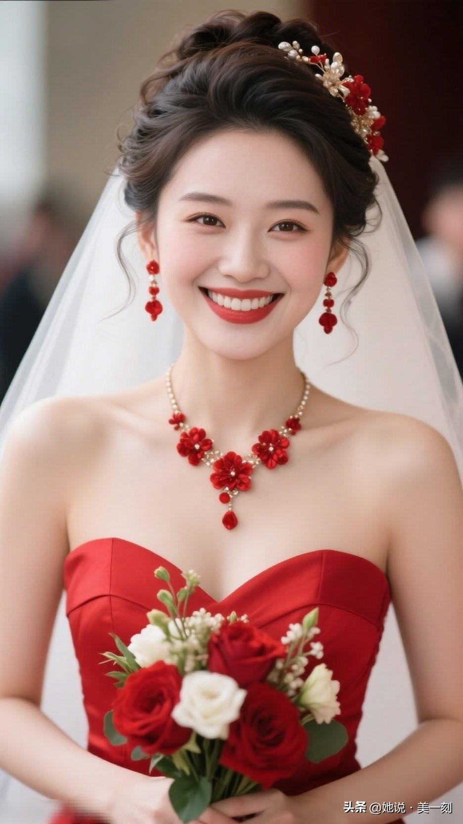 💍✨ 红衣新娘，笑靥如花，幸福时刻定格！🌹💍