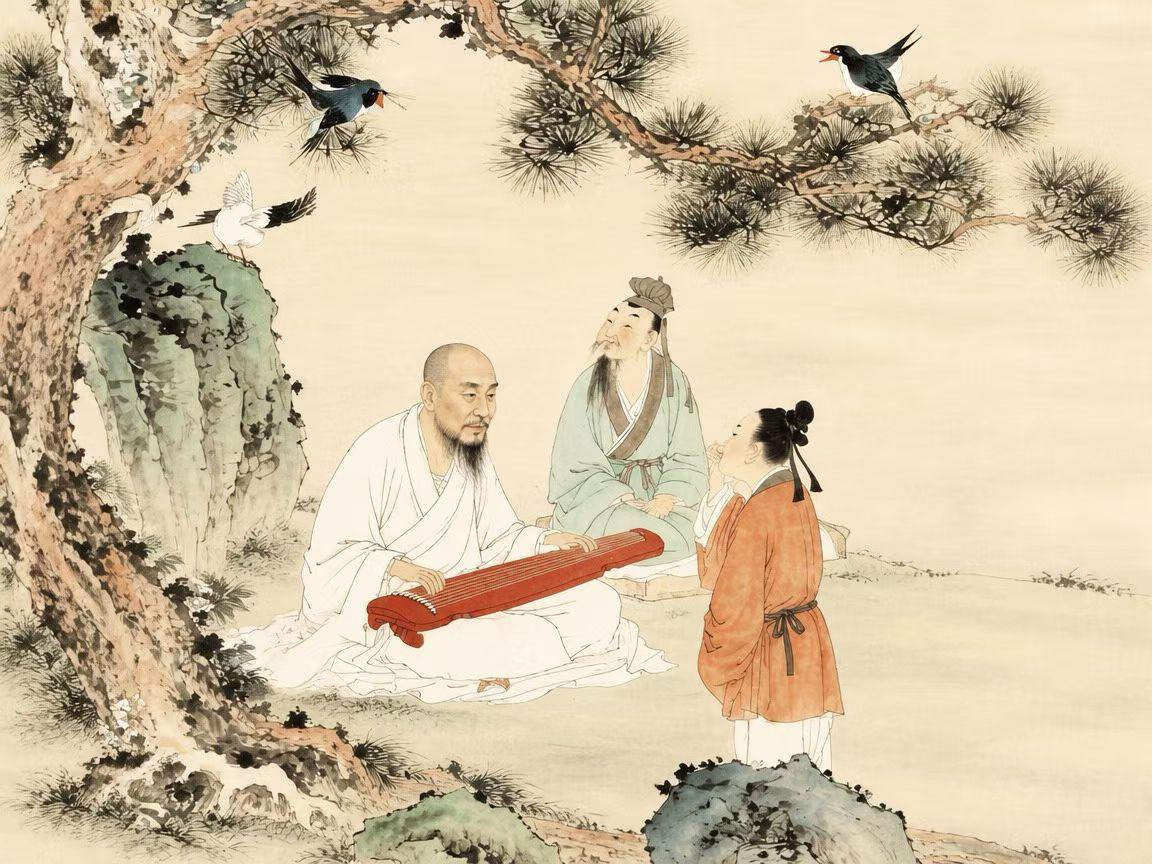 AI创新之路：唐诗之路系列。
韩愈《听颖师弹琴》画意，陈道明出镜。
昵昵儿女语，