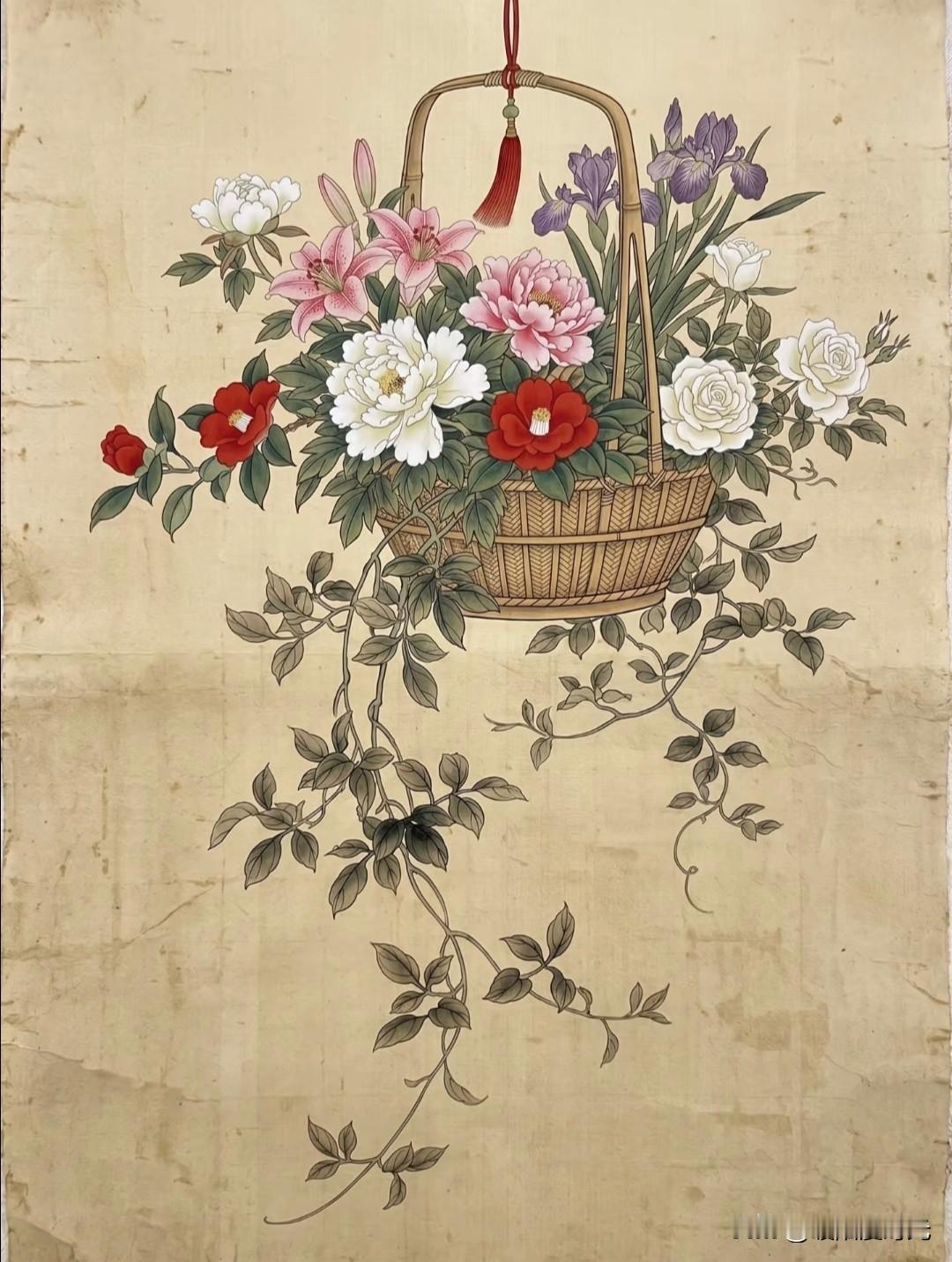 一篮繁花垂落，尽揽四季温柔与诗意
酌月绘国风美学花卉图分享心怀诗意谋热爱 
藏在