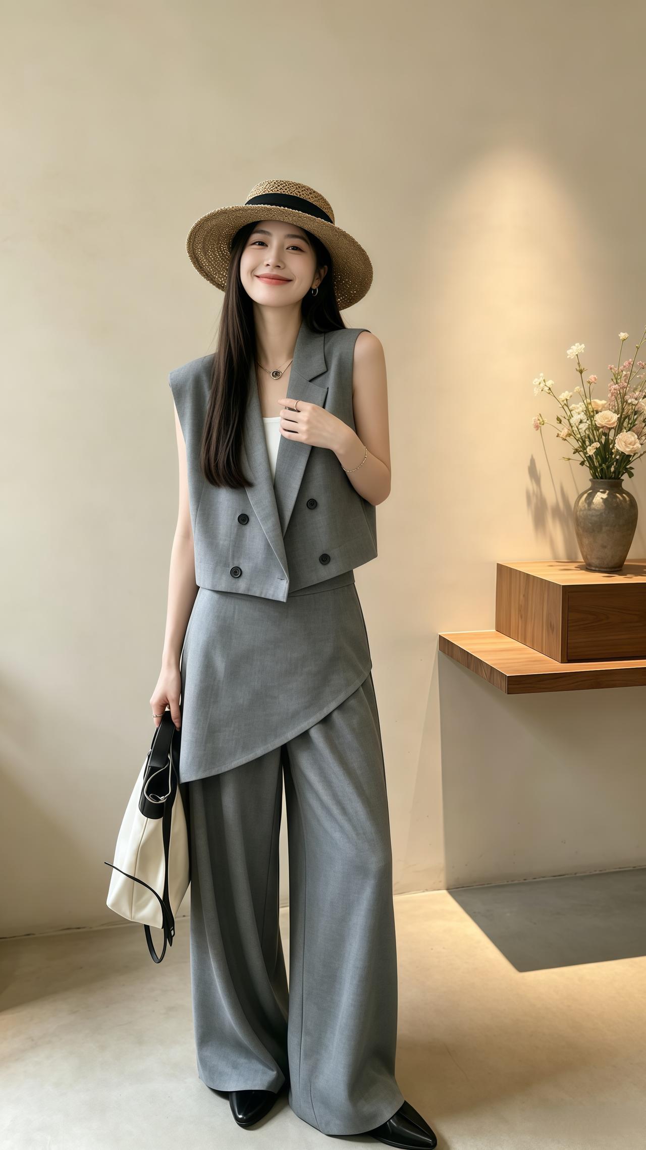 无袖设计感套装 高级灰西装套装 韩系穿搭高级感穿搭穿搭