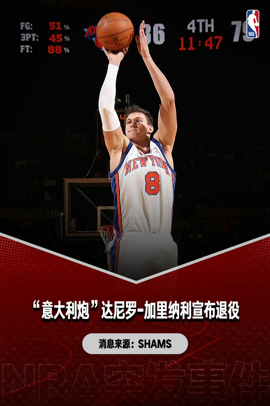 加里纳利发布社媒宣布退役，结束20年篮球生涯！加里纳利退役