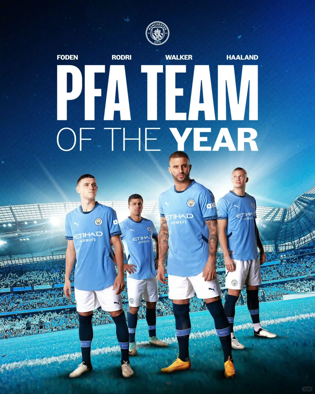 PFA2024年度的最佳阵容，曼城有4名球员入选，分别是福登、罗德里...