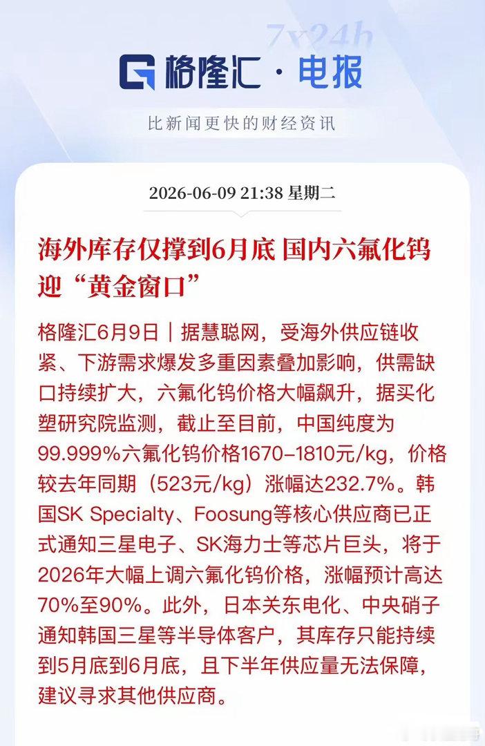 库存即将告罄、价格飙涨232%！六氟化钨国产替代迎“黄金窗口”半导体关键材料再迎