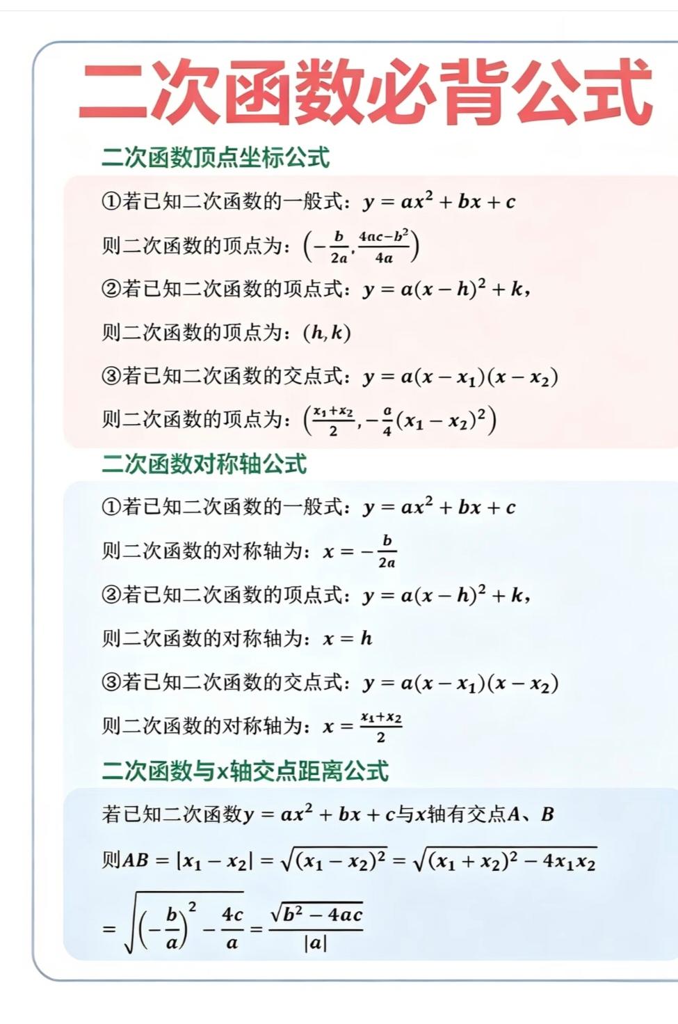 初中数学最难啃的骨头，当属二次函数✨
 
整理好了二次函数必背全套公式：
✅顶点
