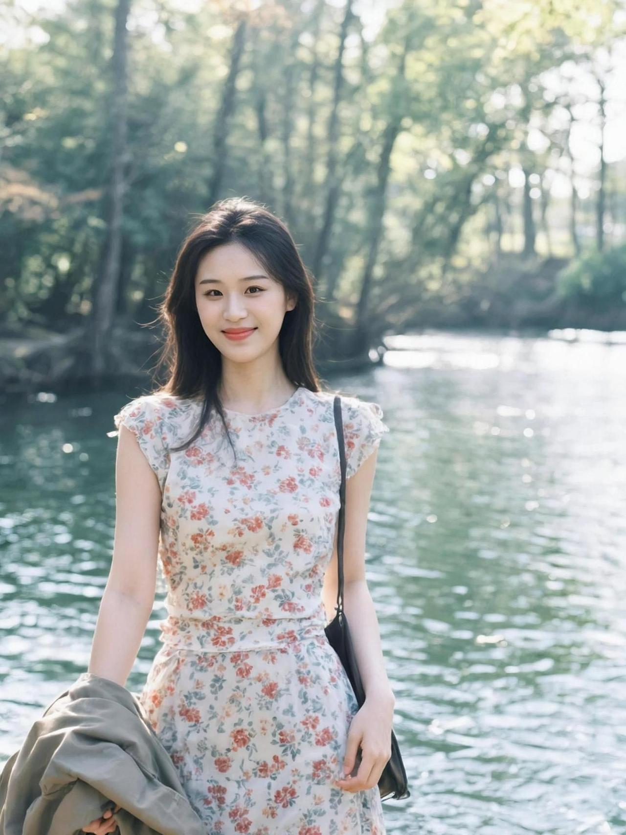 阳光洒在碎花裙上，微风轻拂，仿佛时间也慢了下来。河畔的绿意与水波相映成趣，简单穿