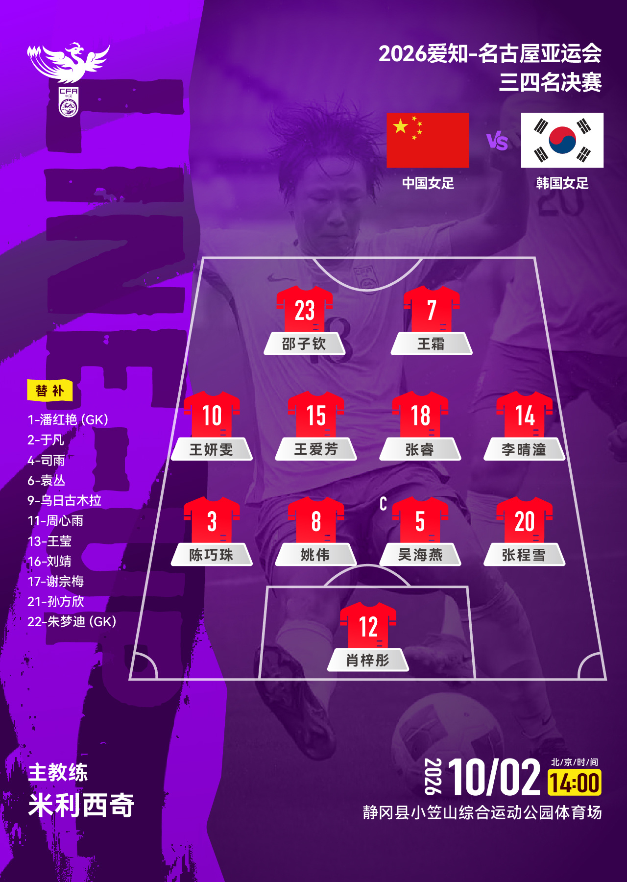2026爱知-名古屋亚运会三四名决赛，中国女足VS韩国女足，中国队首发阵容公布！