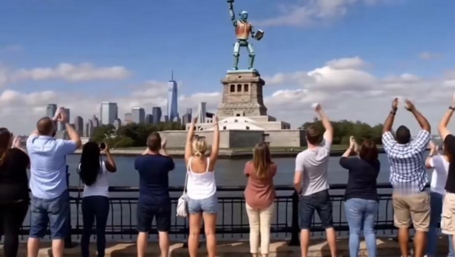 AI合成图片，在这张AI合成的奇妙图片里，阳光洒在自由女神像那庄严的身躯上，闪耀