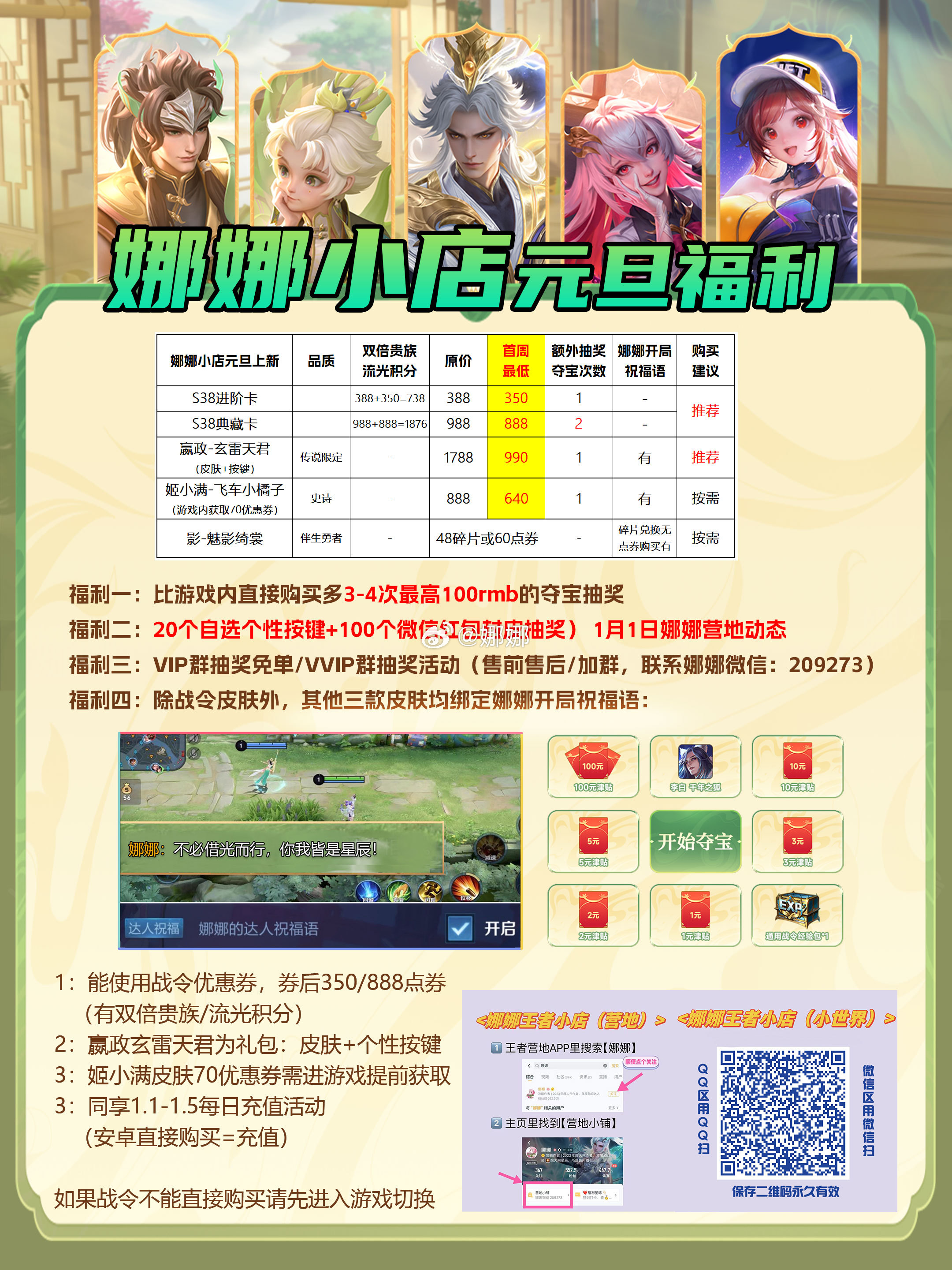 王者荣耀[超话]  娜娜营地小铺上新啦[赢牛奶]五款新皮肤元旦将上架娜娜营地小铺
