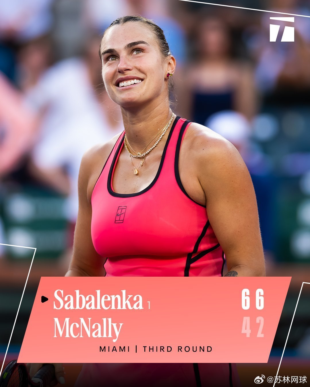 萨巴伦卡6-4/6-2麦克纳莉迈阿密第四轮将迎来重头戏。郑钦文vs萨巴伦卡wta