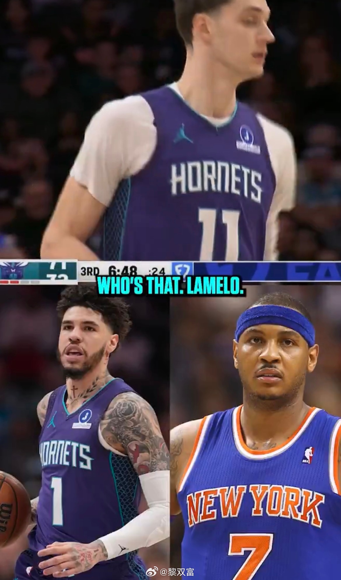 麦迪和甜瓜一起点评黄蜂，谈及三球时，麦迪随口将Lamelo说成了Melo，甜瓜及