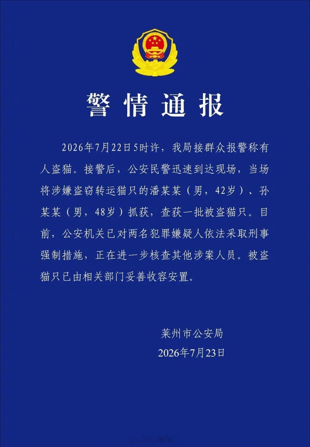 山东莱州拦截满载七百只猫咪猫车 山东莱州市公安局7月23日通报：2026年7月2