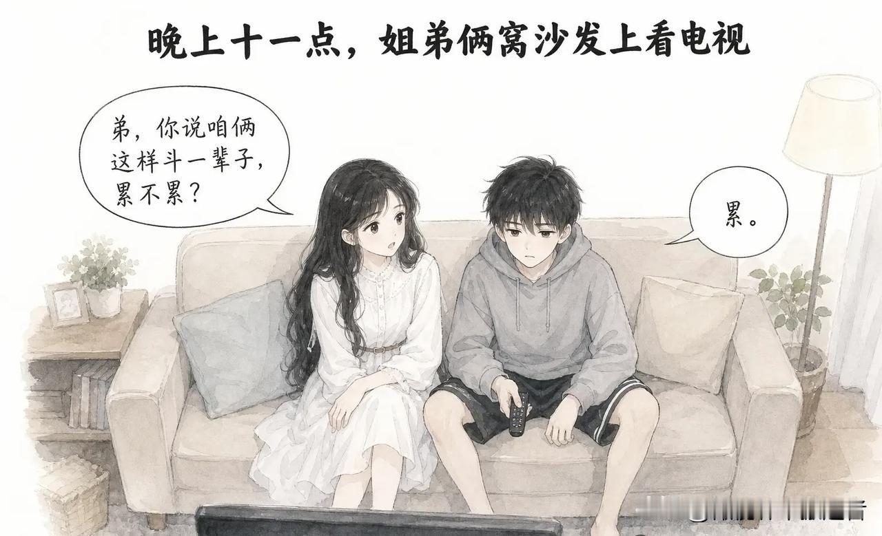 趣味漫画分享：晚上十一点，姐弟俩窝沙发上看电视。姐姐：“弟，你说咱俩这样斗一辈子