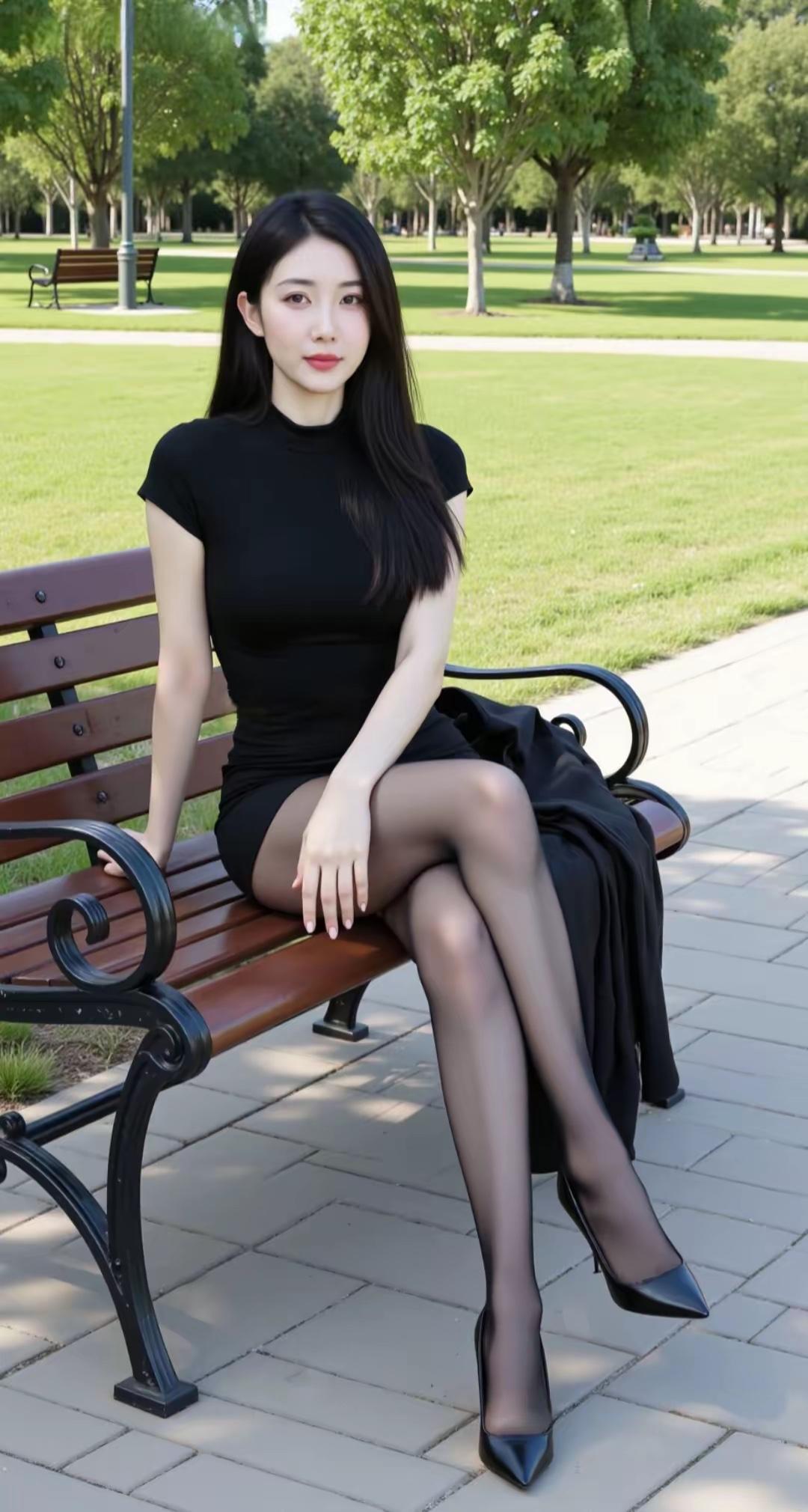 优雅黑裙，公园长椅上的时尚瞬间