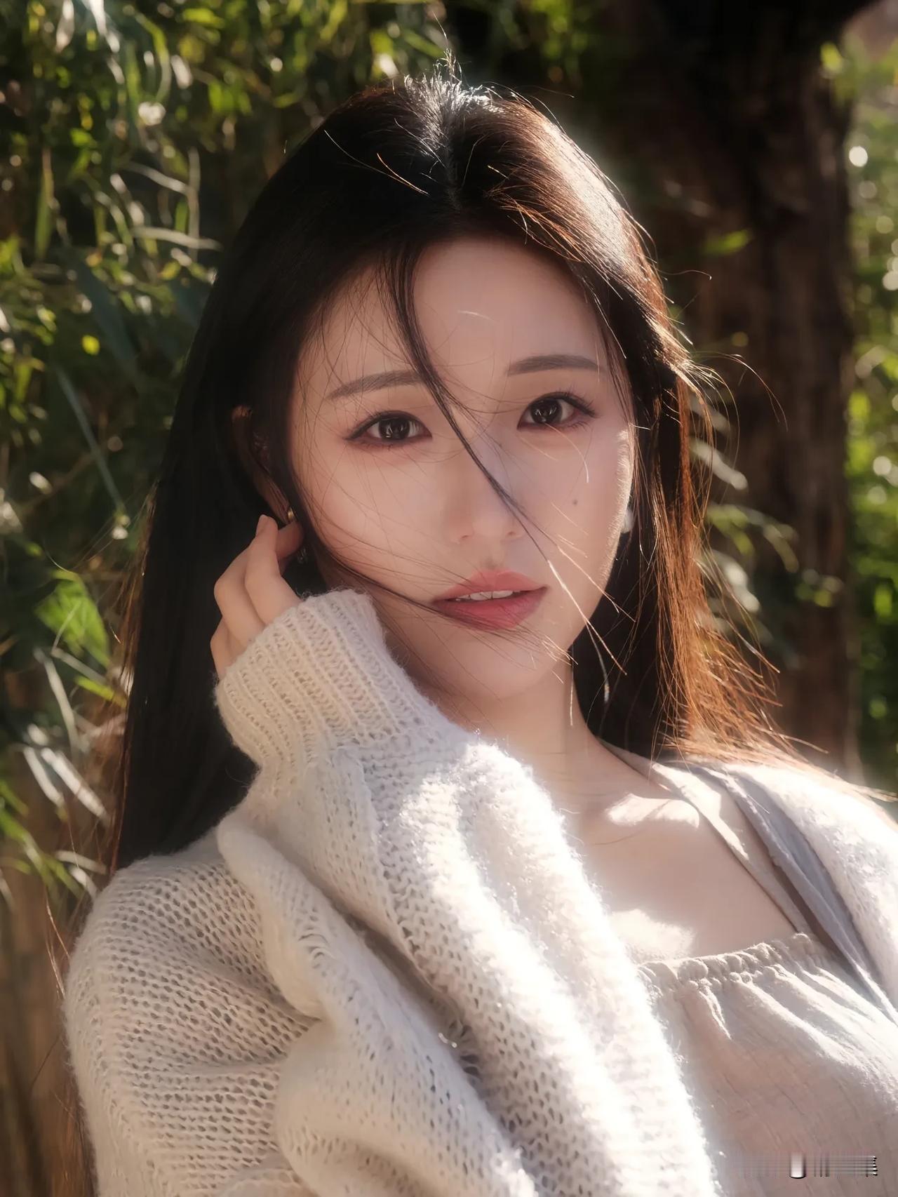 阳光洒落，温柔少女，自然光下的美丽瞬间。