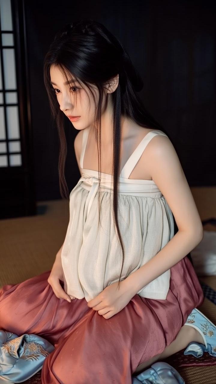 姑娘穿着古装，坐在地上。