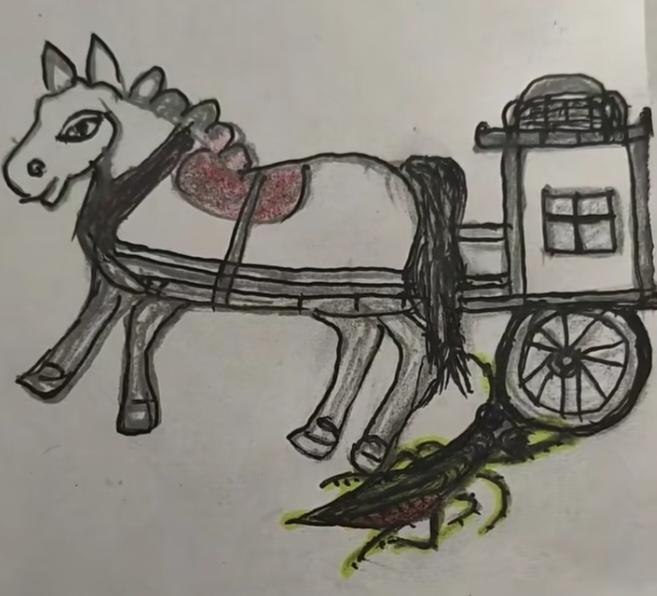 看图猜成语。图中画面真给力。一辆马车在前行。突然有个螳螂来挡路。真是自不量力。你