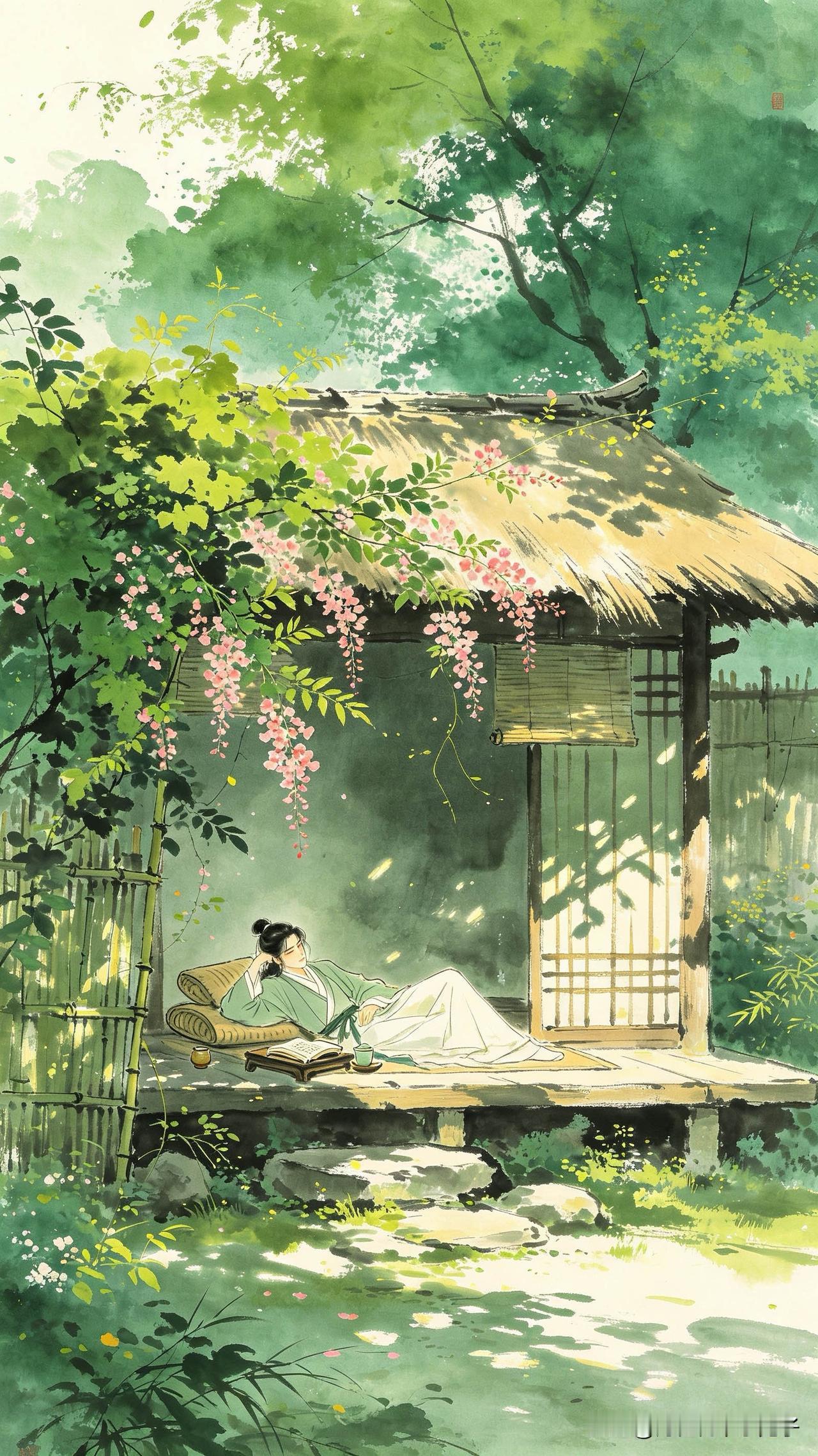 篱落阴浓昼日长，
藤花垂蔓覆茅堂。
庭前倦枕南风软，
    
…………请师友续