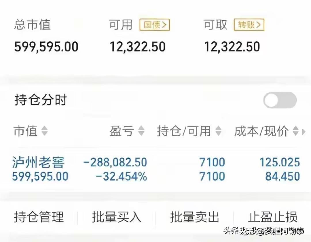 满仓泸州老窖亏32%，高位补仓的痛，只有股民自己懂
 
看着这张持仓截图，心里说