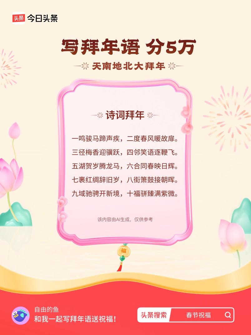 写拜年语送祝福新春拜年送祝福！我的祝福是：“一鸣骏马蹄声疾，二度春风暖故扉。三径