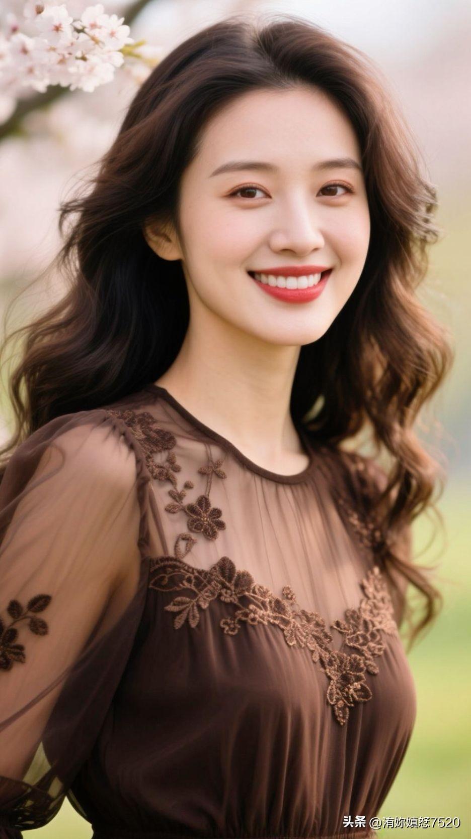 🌸 棕纱绣着春日的诗，樱云落在发梢时，笑涡里盛着整个晴日的甜。棕裙少女照 初夏