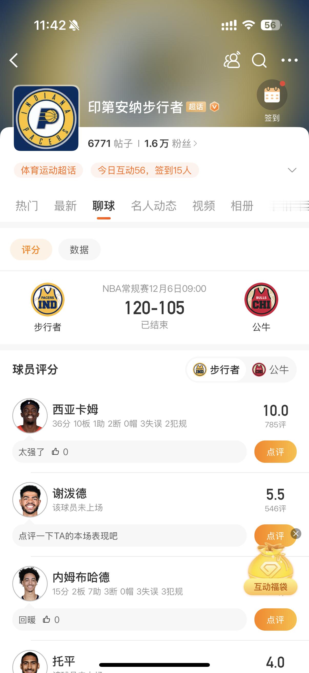 步行者战胜公牛步行者vs公牛步行者120-105战胜公牛。步行者数据：西亚卡姆3