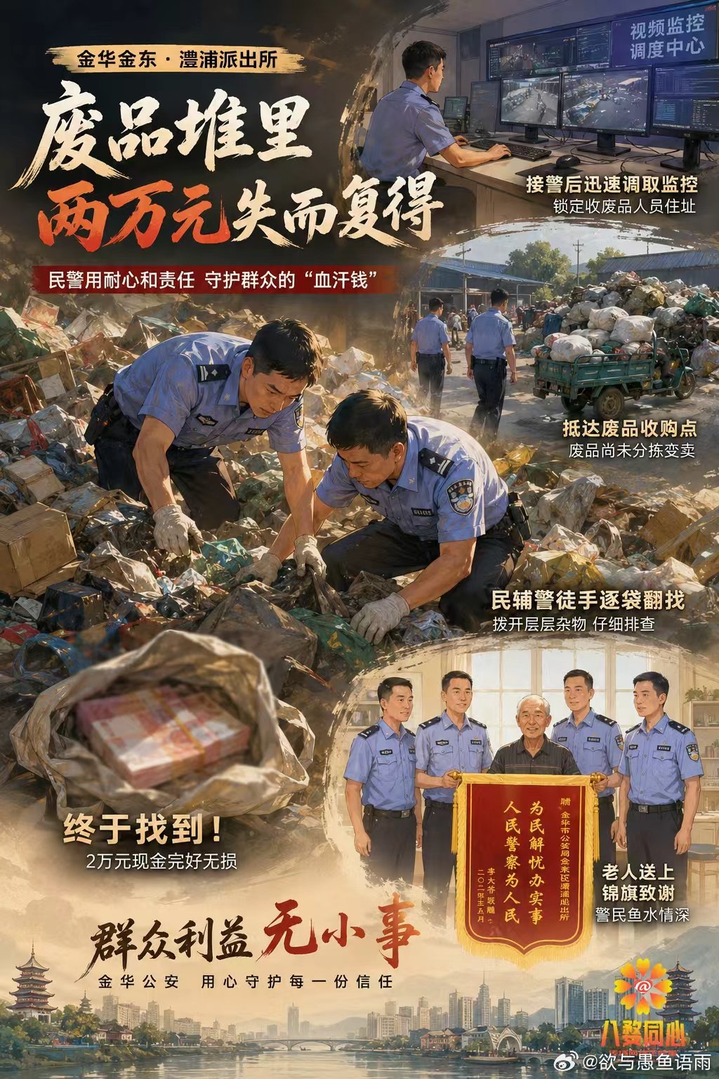 浙江民警徒手翻废品山找回老人2万元给蜀黍点赞！ 