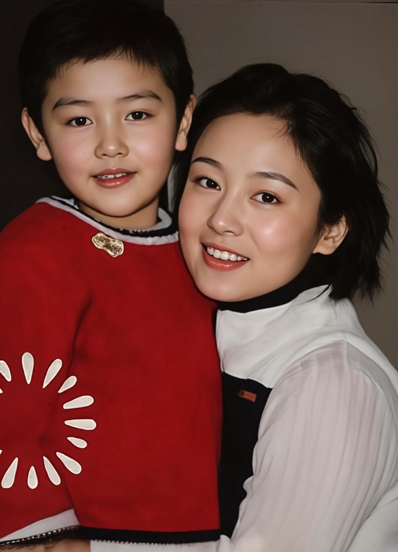 这位小男孩小的时候跟妈妈长得好像，依偎在妈妈的怀里幸福快乐，估计妈妈和他都 没有