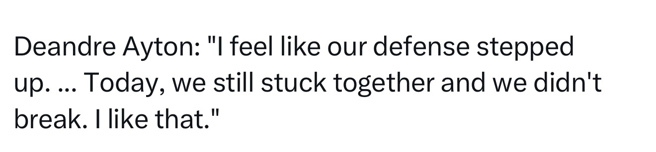 艾顿表示：“我认为我们的防守有所提升......今天全队依然团结一致，没有崩盘，