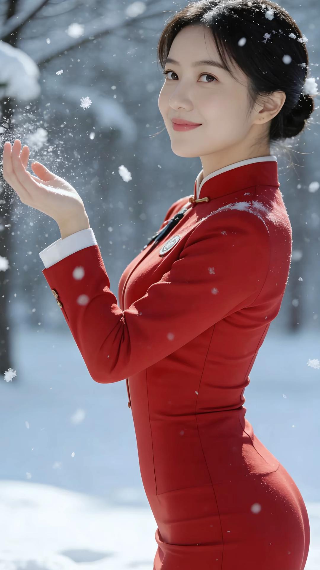 雪落红妆，诗意冬章

当漫天飞雪邂逅一袭红妆，时光仿佛在这一刻凝固。她身着红色旗