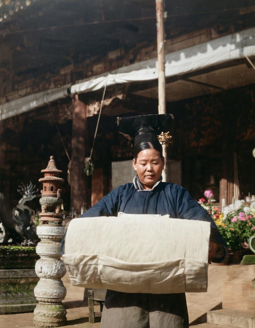 清末宫廷，一位晚清宫女，她头上戴着「大拉翅」，身上穿着厚重朴素的棉袍，和电视剧里