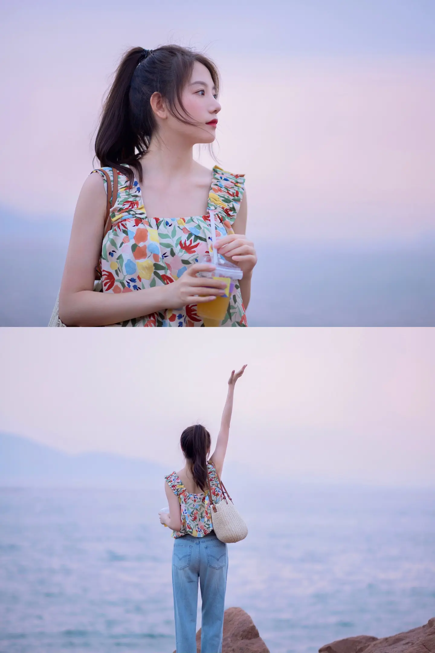 把偷拍我看海的照片送我好吗？。在海边遇到了粉色的夕阳。 少女写真｜夏日...