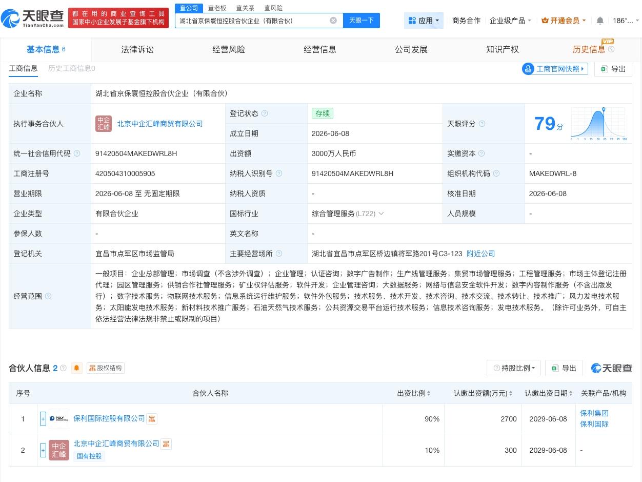 保利集团等在湖北成立合伙企业 出资额3000万
天眼查App显示，近日，湖北省京