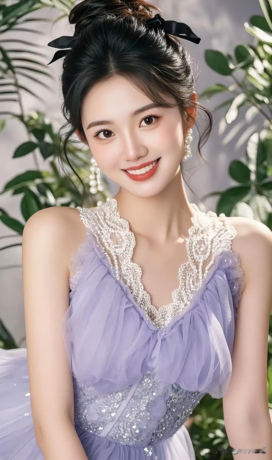 优雅紫色礼服，甜美笑容，梦幻花园背景，仙女气质满满！