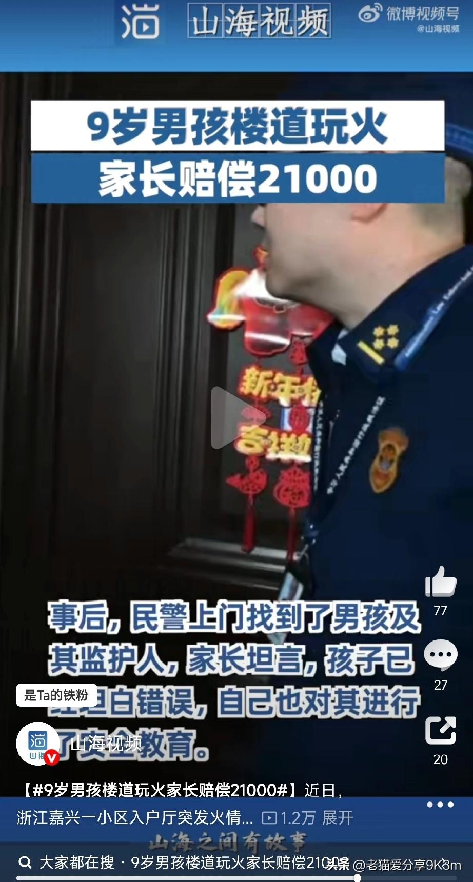 熊孩子玩火闯大祸，家长赔21000元
 
浙江嘉兴一小区发生惊险火情，监控揪出肇