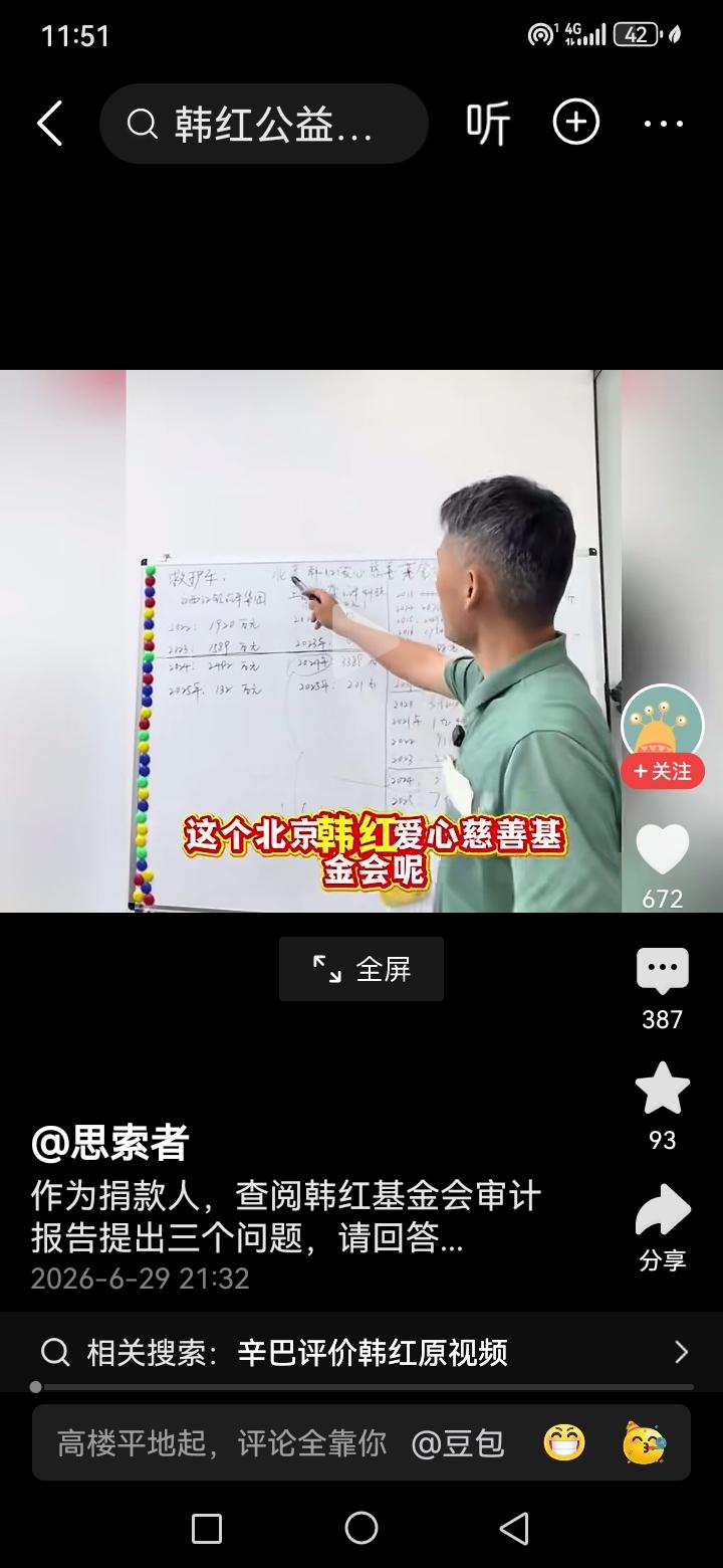 看了这个人视频以后，我的认识是，韩红的基金会中间的一些操作方法，审计结果，引起了