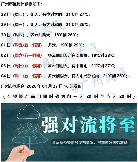 【广州未来七天（4月28日～5月4日）天气概况】从明天周二开始，广州地区雷雨将逐