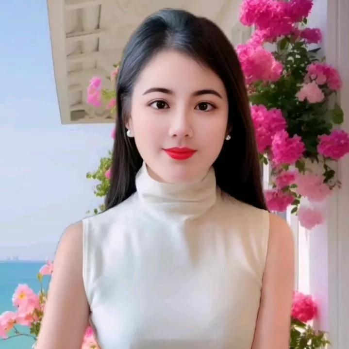 夏日粉色花海，优雅白色高领裙，温柔微笑。温柔粉色裙 粉色长裙 温柔粉色上衣 气质