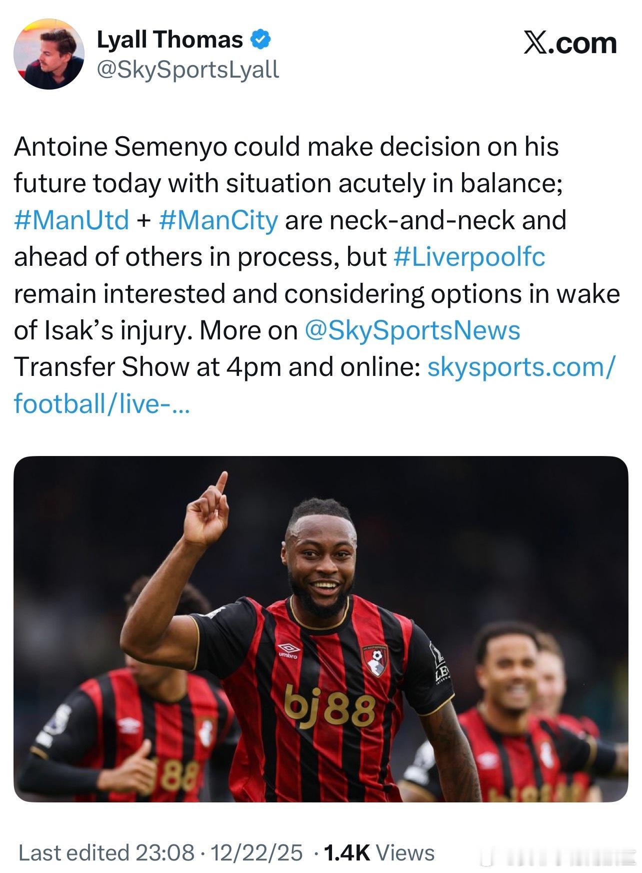 天空体育Lyall Thomas说塞梅约可能会在今天作出决定来确定自己的未来。曼