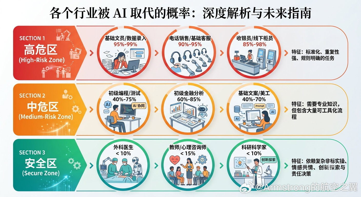 各个行业被AI取代的概率 AI 很少会一夜之间让某一个行业彻底消失，而是像手术刀