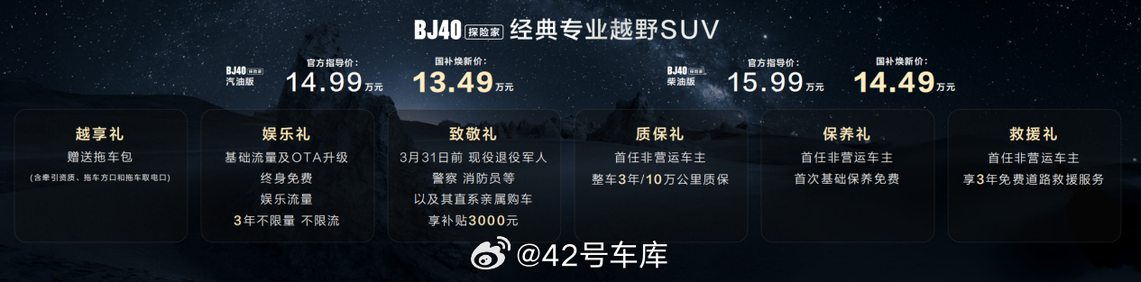 「BJ40 探险家」正式上市！其主要信息如下。价格方面，官方指导价 14.99 