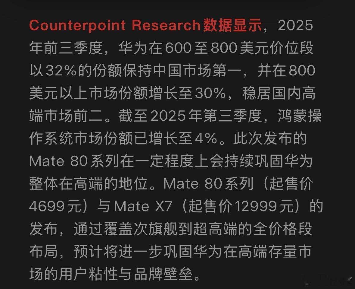 今年1-9月中国手机市场，售价4241-5654元价位段，华为手机以32%份额排
