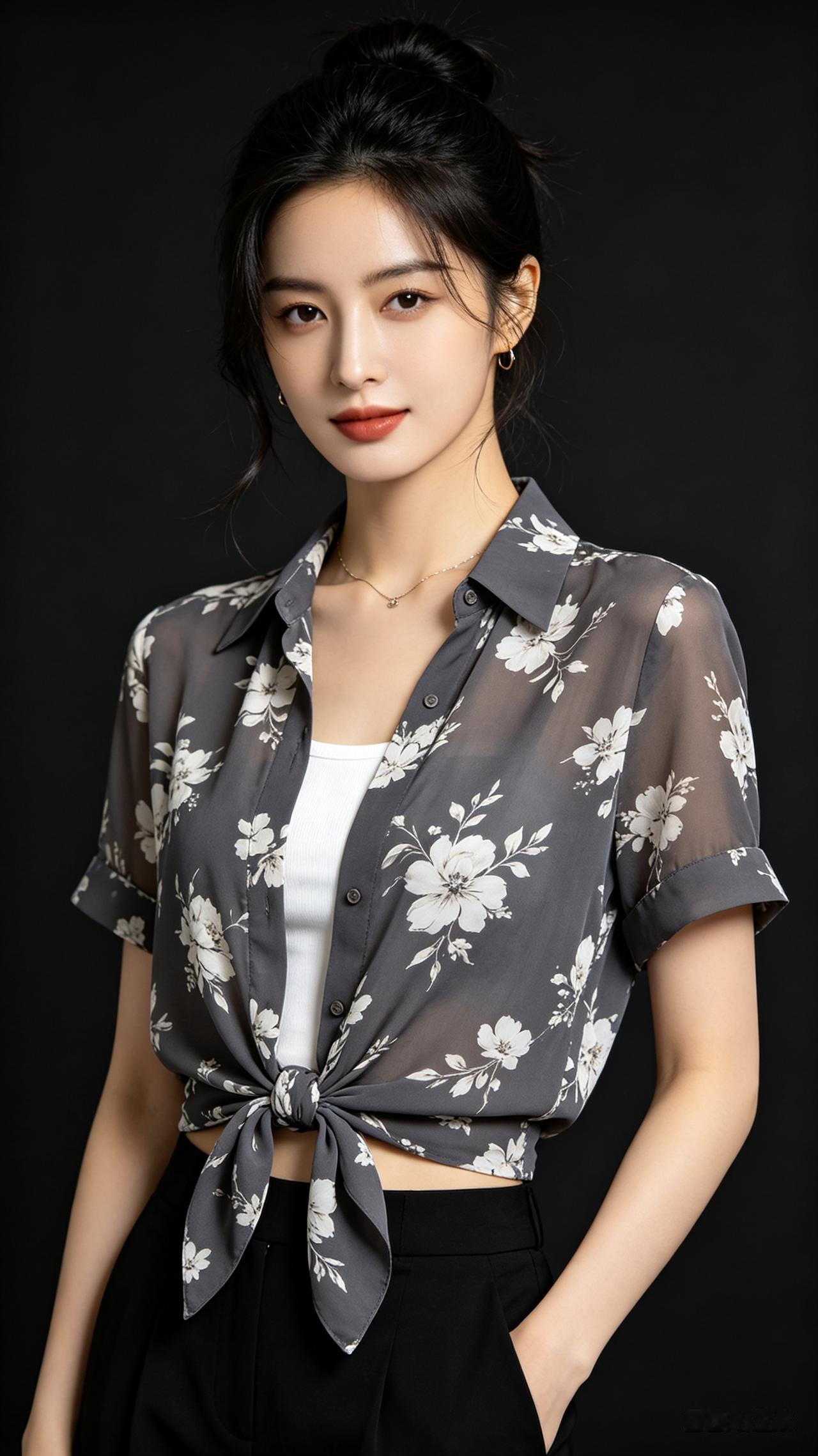 女生半扎发髻碎发修饰脸颊，细链项链点缀。灰底白花雪纺衬衫打结露腰，内搭白背心配黑