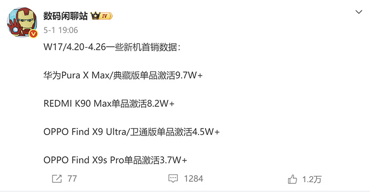第17周（4月20日至4月26日）的新机首销数据，华为Pura X Max系列阔