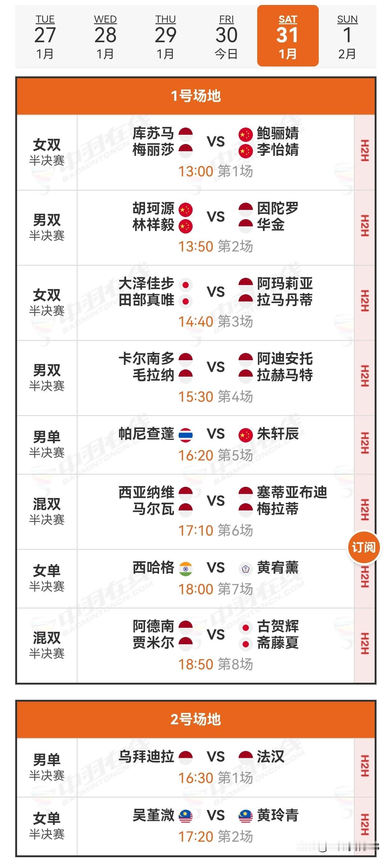 31日赛程2026年泰国羽毛球大师赛 
   31日，2026年泰国羽毛球大师赛