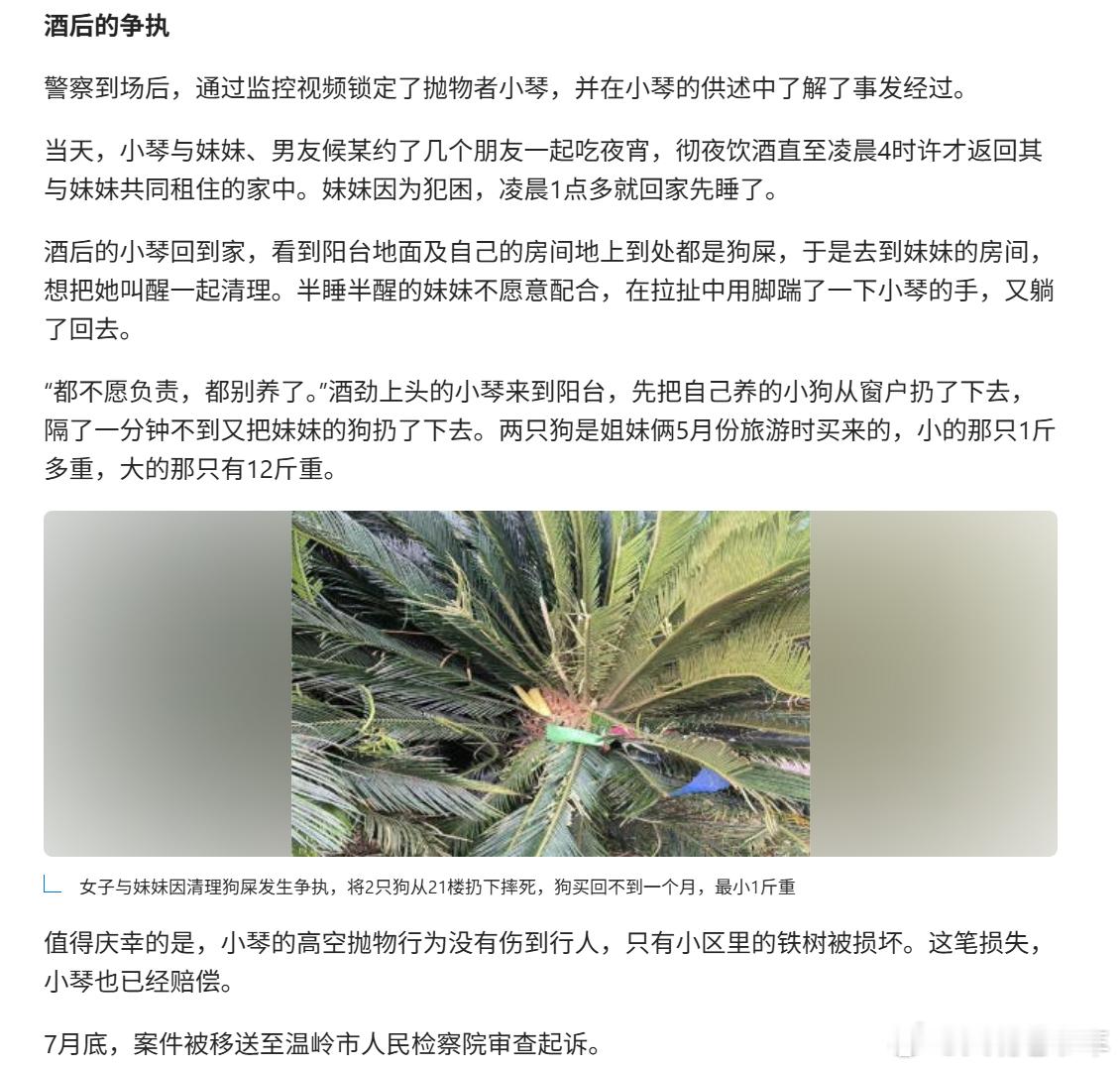 女子与妹妹因清理狗屎发生争执，将2只狗从21楼扔下摔死，狗买回不到一个月，大的1
