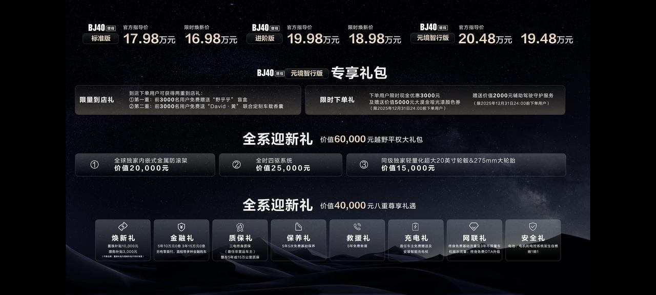 北京越野BJ40增程元境智行版上市，限时焕新价19.48万，新老用户都送权益，还